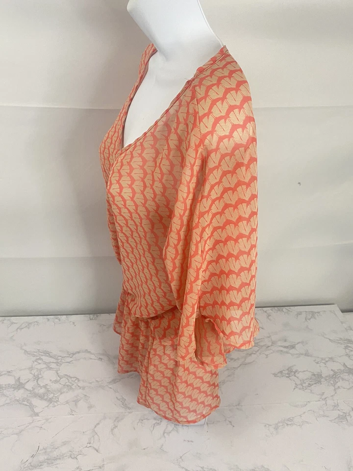 Alya Womens S Short Sleeve Top Orange Sheer Half Button Down Waist Tie Blouse A1 - Image 3 of 4