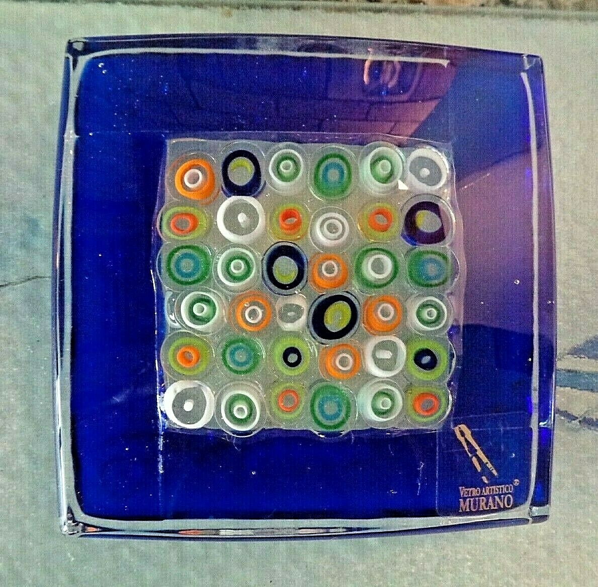 Vetro Artistico Murano Italy Square Millefiori RAGAZZI & C. Paperweight Blue