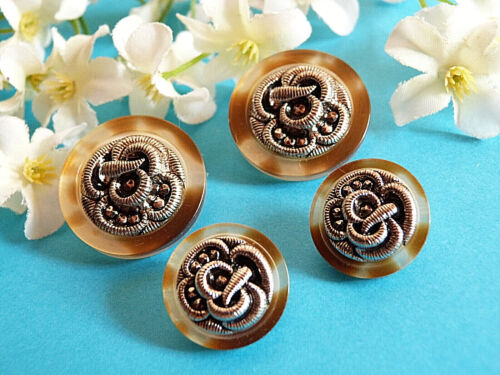 490b Splendid Buttons "Rocaille" Silver and Amber Lot 4 Buttons EP Vintage - Picture 3 of 5