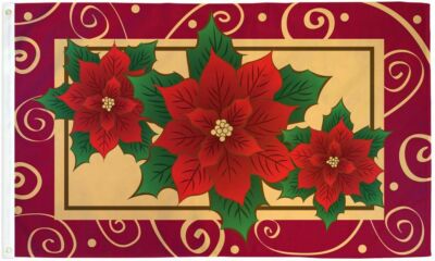 Bandera Navideña 3x5 Pies: Poinsettias (Flores De Pascua) – Decoración De Temporada 100% Poliéster