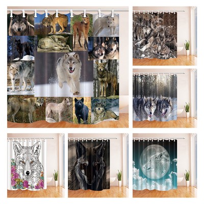 Wild Animal Wolf Puzzle Waterproof Bathroom Shower Curtain Bath Rugs Mat 12 Hook
