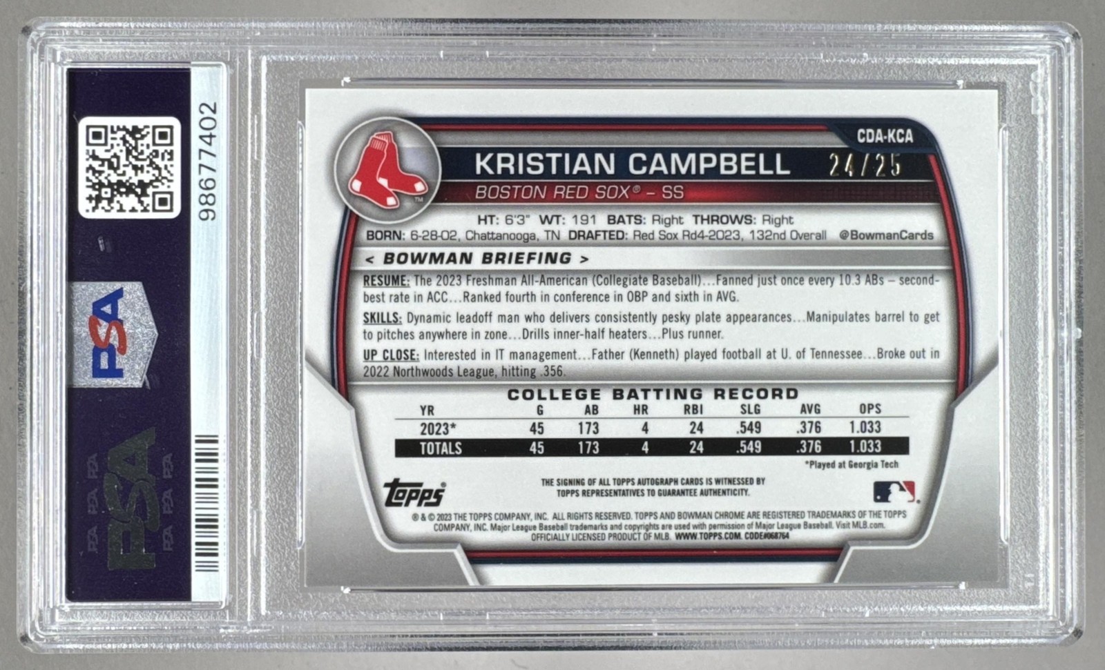 Kristian Campbell 2023 Bowman Chrome Orange Refractor 1st RC Auto 24/25 PSA 9 view 2