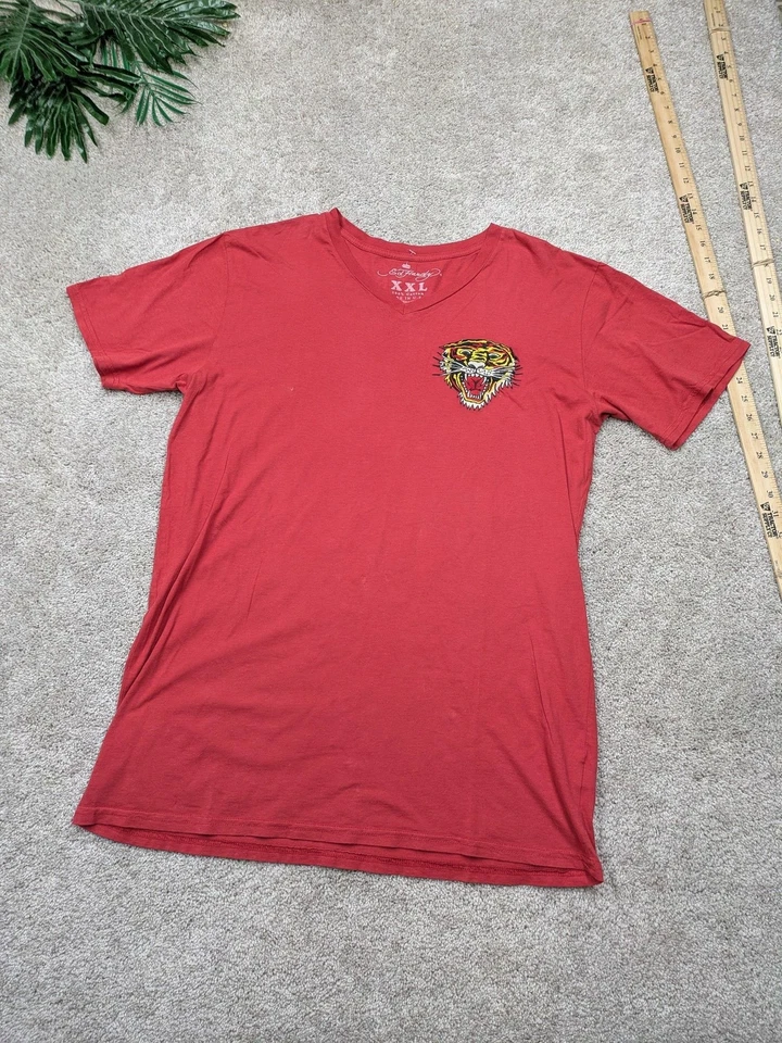 Ed Hardy Shirt Mens 2XL Red V Neck Tiger Embroidered Graphic Cotton Tee Made USA - Image 1 of 4