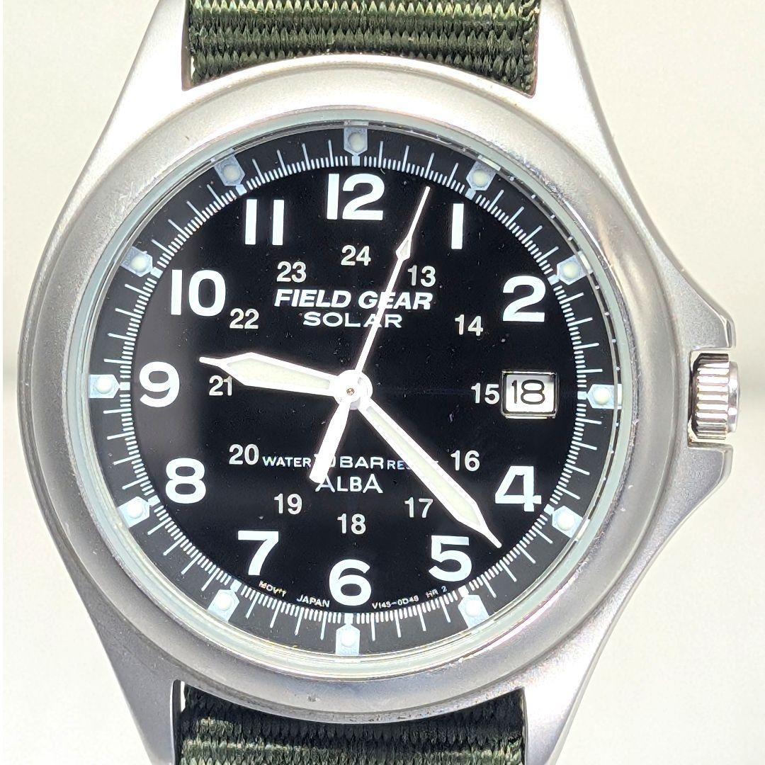 SEIKO ALBA Field Gear Solar Watch Black Dial Green Nylon Strap Used