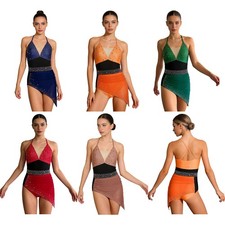 Womens Leotard Party Jumpsuit Irregular Bodysuit Overlay Gymnastics Performance
