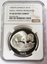 1982 FM 1852 MINTED SILVER JAMAICA $10 SMALL INDIAN MONGOOSE NGC PF 68 UC
