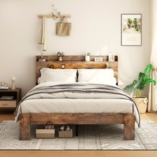 Plataforma de madera con marco de cama tamaño queen con cabecero de luz LED de almacenamiento 2 USB marrón