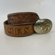 VTG Hand Tooled Leather Western Belt and Buckle JAMES Boys sz 26 Made In USA