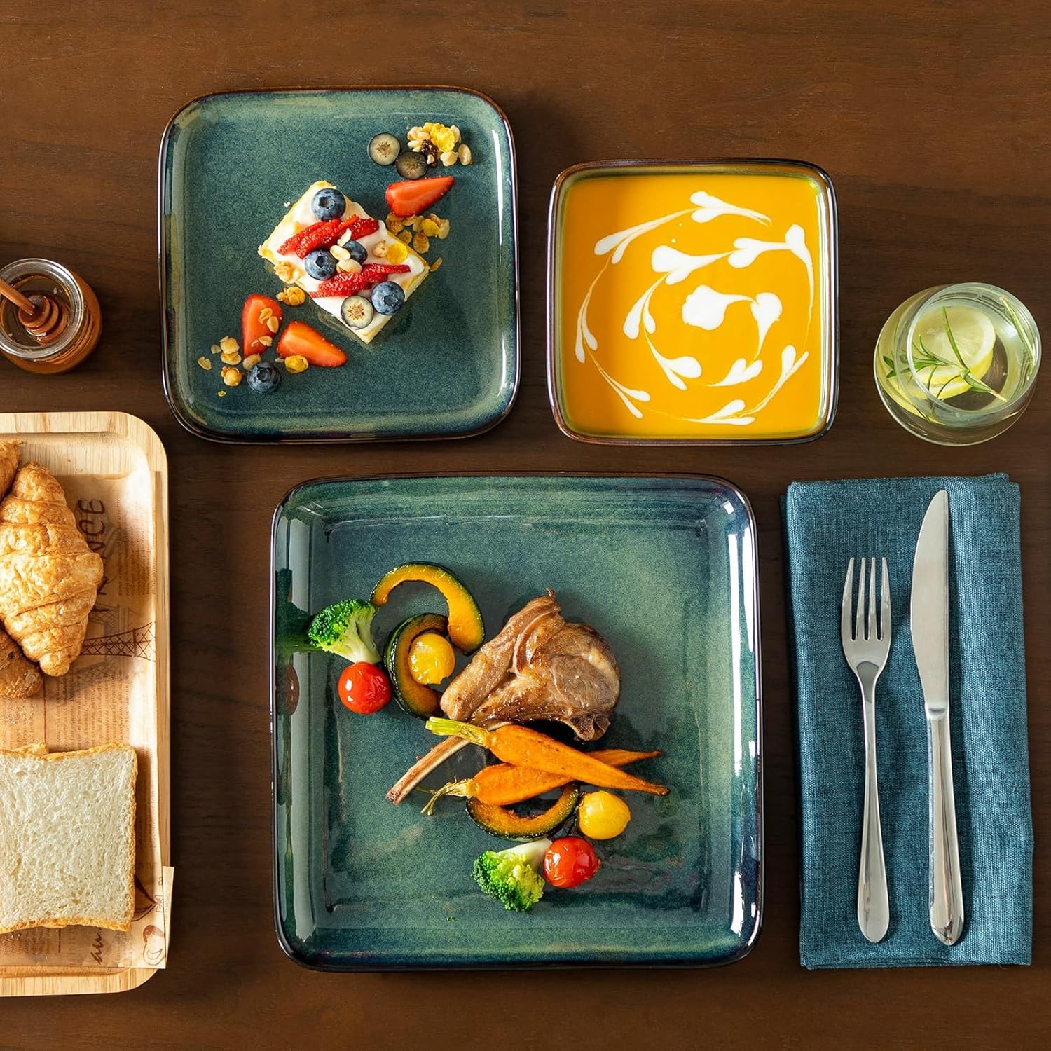 vancasso Stern Green Dinner Set Square Reactive Service for 4 (12 pcs), 