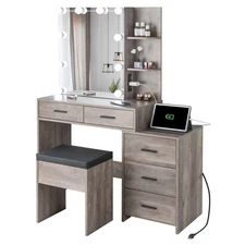 43.3 " Vanity Desk with Lights Mirror and Drawers for Makeup for Women Gray