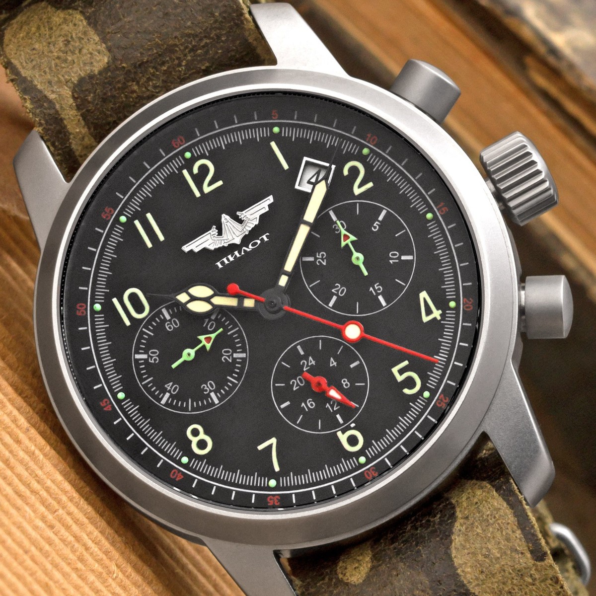 Herrenuhr PILOT Chronograph Poljot 31681 SAPHIRGLAS russische mechanische  Uhr