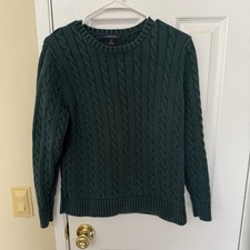 Lands' End Cable Knit Womens Size Small Green Chunky Cotton Fisherman Sweater