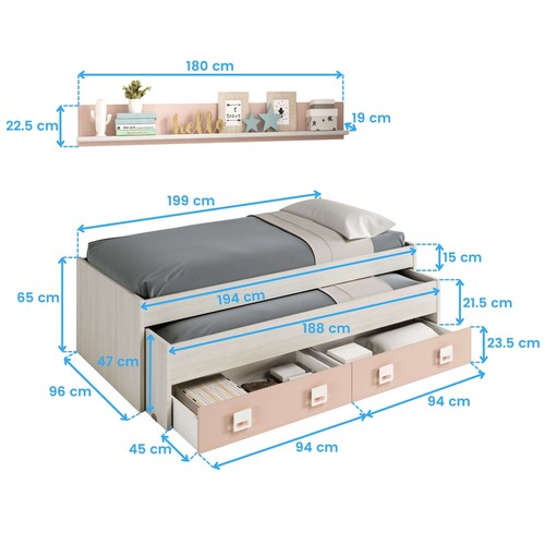 Pack Dormitorio Infantil, Juvenil, Cama Nido + Armario Ropero y Estante Rosa y B - Imagen 4 de 6
