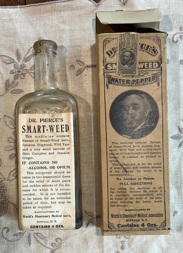 Early 1900’s Dr. Pierce’s Smart-Weed Hand Blown Bottle With Original Box