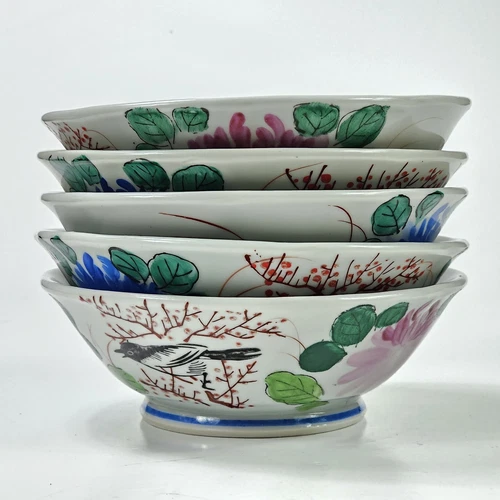 Set of 5 Republic Period Chinese Hand Painted Porcelain Crow Flowers Bowls
