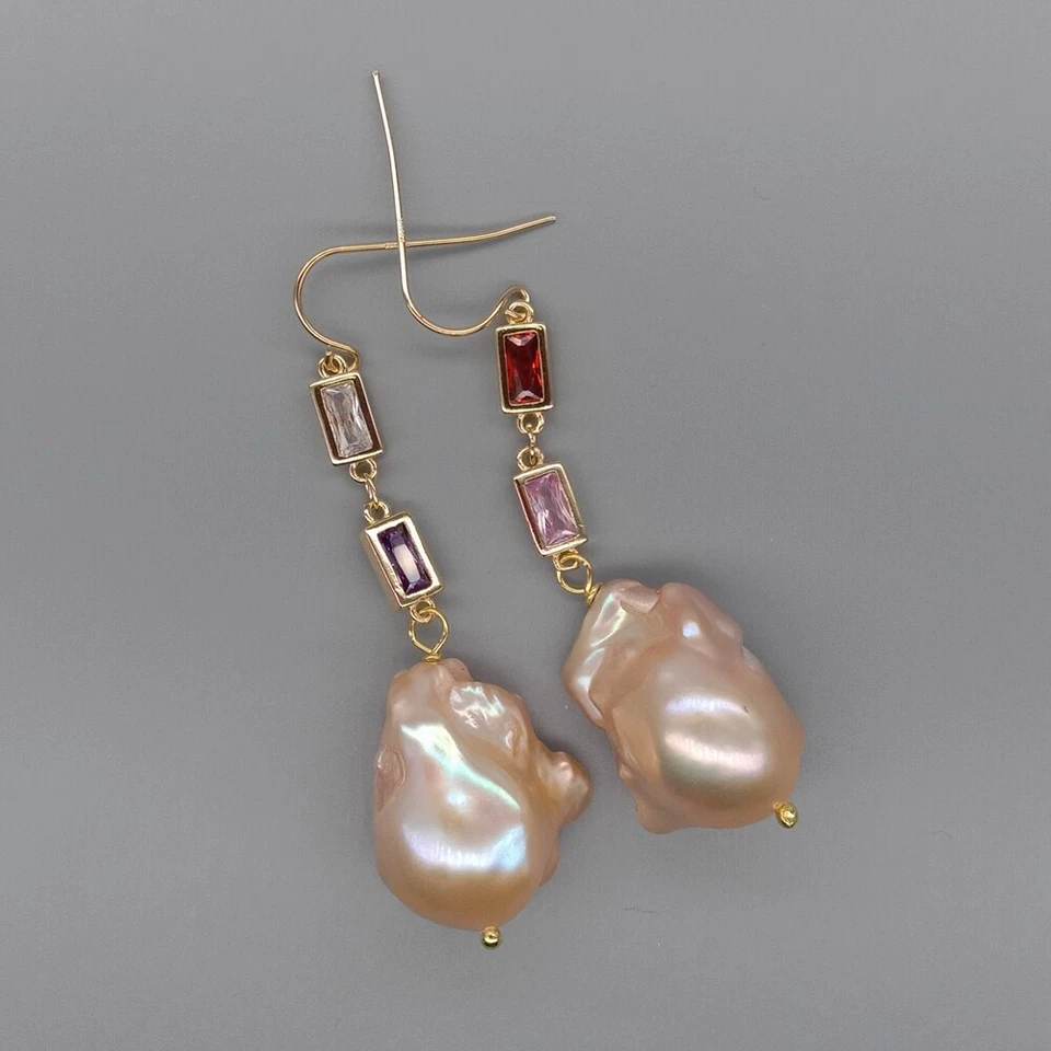 Pendientes de gancho colgantes de cadena pavé circonita cúbica perla Keshi cultivada rosa Foto 3 de 4