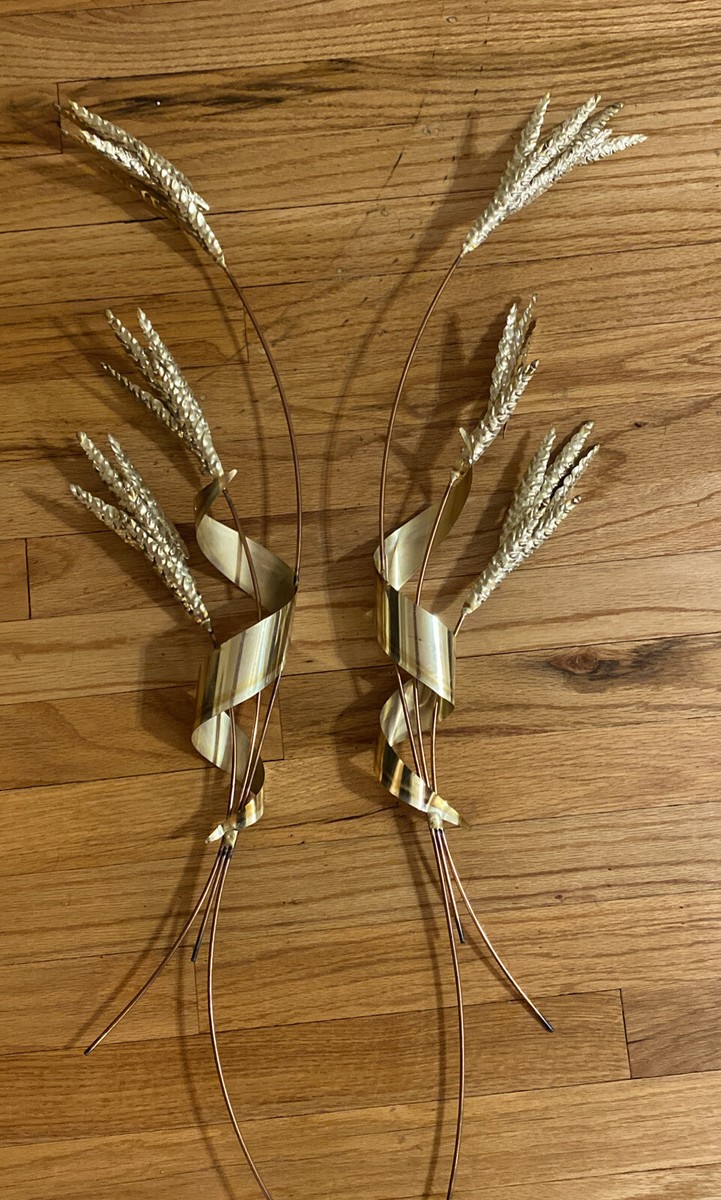 Vintage MCM Metal Wall Art Brass Wheat Shaft Mid-Century Hanging Set Of 2 Pair 70s Mid Century Brass and Copper Wheat Sheaf Wall Art - a  main image 4