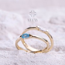 14K Solid Gold Marquise Ring, Basic Minimalist Gold Ring, Blue White Stone