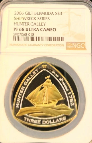2006 BERMUDA SILVER 3 DOLLARS SHIPWRECKS HUNTER GALLEY NGC PF 68 ULTRA CAMEO