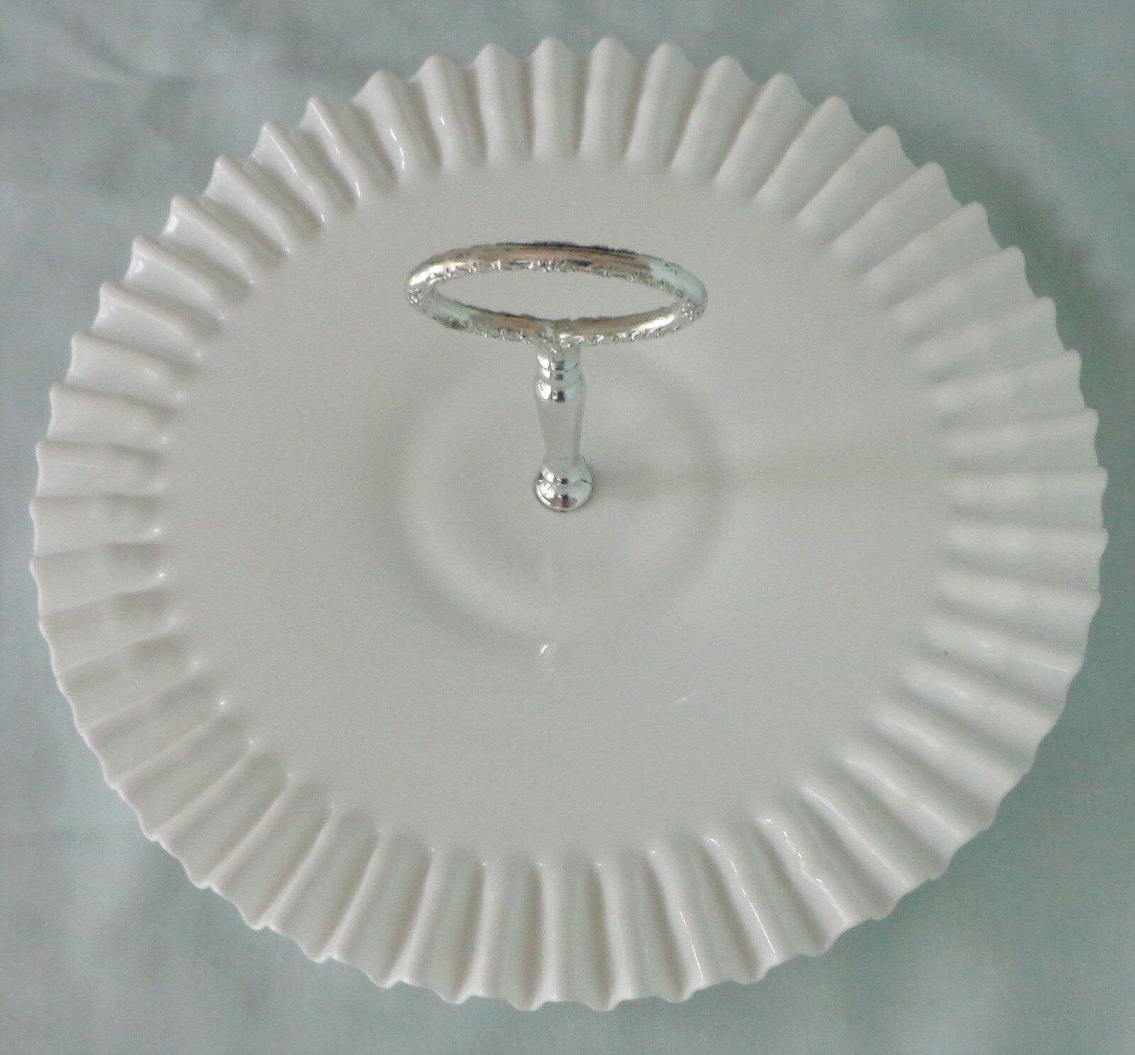 Fenton White Milk Glass Serving Platter Tray Crimped Hobnail Metal