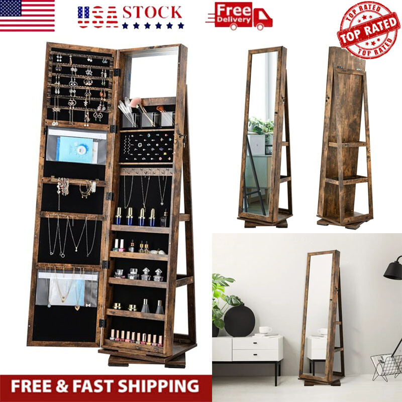 360 Spinning Standing Jewelry Armoire Mirror Storage Lockable