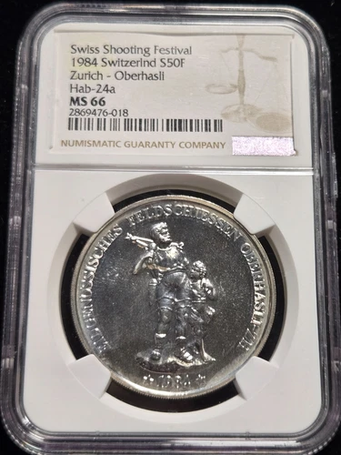 1984 Swiss Shooting Medal Silver 50 Francs Oberhasli NGC MS66 (Z-0838)