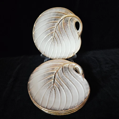 Pitt Petri Swirl Leaf Plates Gold White Design Stem Handle Vintage MCM 8.5" - 4