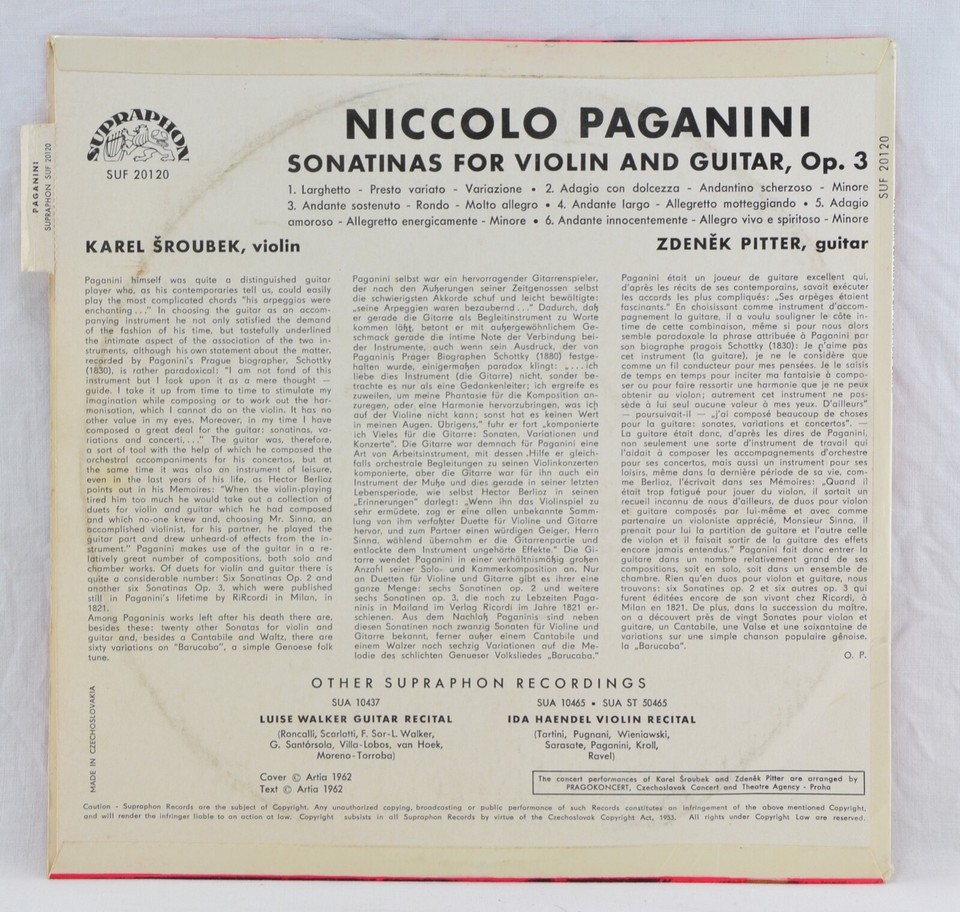 SROUBEK / PITTER PAGANINI Sonatinas Violin & Guitar Supraphon 10