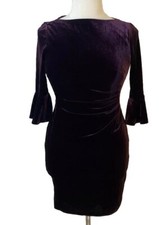 New Chaps Boatneck Eggplant Ruched Velvet 3/4 Bell Sleeve Bodycon Dress Sz M