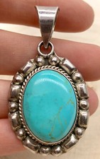 Vintage 925 Sterling Silver Chunky Turquoise Pendant Mexico Taxco TV -41