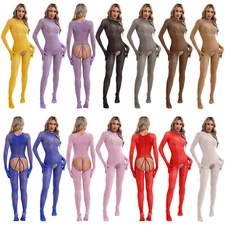 Womens Jumpsuit Soft Bodysuit Clubwear Unitard Gloved Bodystockings Full-body