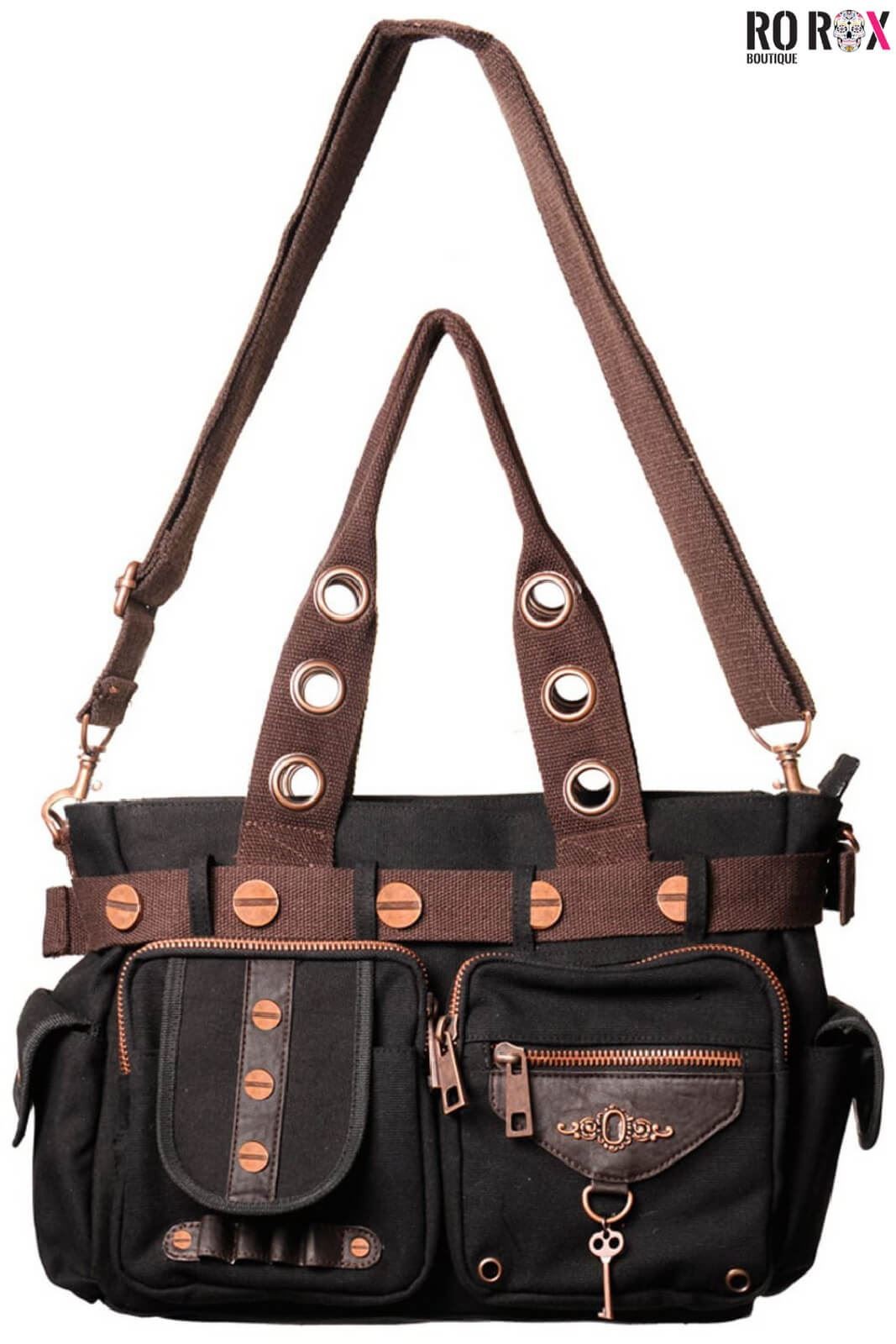 Banned Steampunk Handbag Doom Lagoon Black Canvas Faux Leather Key