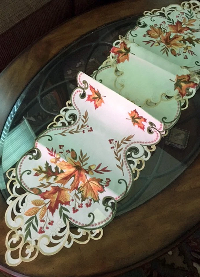 Fall Table Runner Maple Leaves Berries Thanksgiving Autumn Harvest Decor 68"x13" - Image 2 of 4