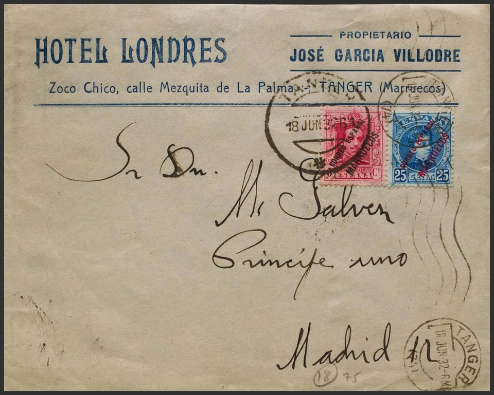 Ex-colonias Españolas. Marruecos. SOBRE  7, Tánger 19. 1932. 25 cts azul y 5 ct - Imagen 1 de 1