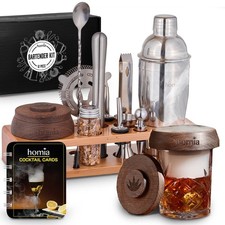 Bartender Kit with Whiskey Smoker - 13 pcs, Bamboo Stand - Bar Set with Cockt...