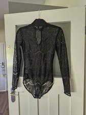 House Of CB London Black Mayska Lace Bodysuit Long Sleeve High Neck Small 8 10