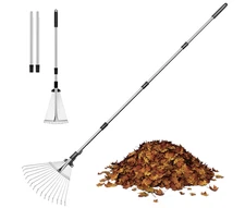 Garden Rake for Leaves, Metal Adjustable Leaf Rake for Lawns, Length 37"-68"