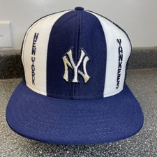 Vintage New York Yankees Hat Cap Snapback Blue Mesh Trucker AJD Lucky Stripes 80