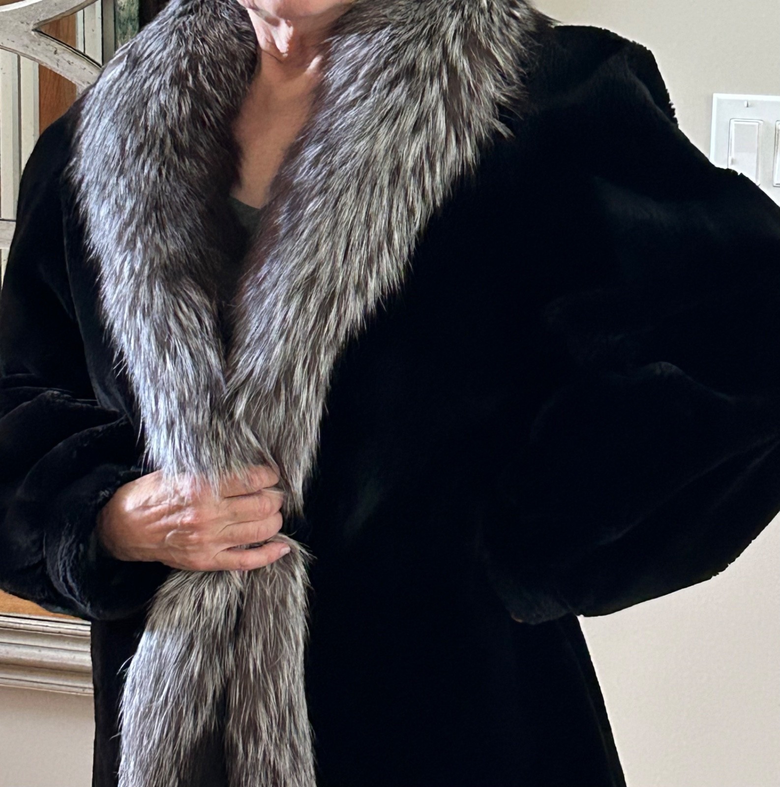 Black Dyed Sheared Beaver Coat with Natural Silver Fox Trim.  Rarely worn. image 2