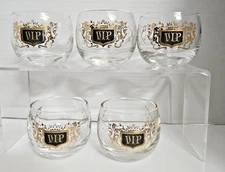 Set of 5 Vintage VIP Gold Crest Glasses 2.25" Small Whiskey Barware Tumblers