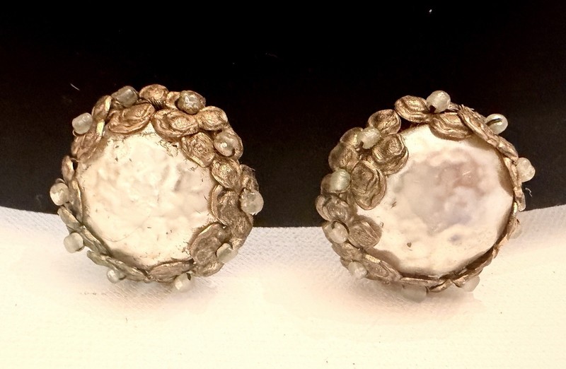 Vintage Miriam Haskell Brass Filigree Faux Pearl Clip On Earrings Mid Century