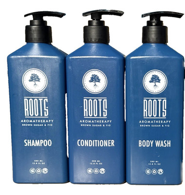 3 Bottles Roots Aromatherapy Brown Sugar & Fig Shampoo, Conditioner & Body Wash