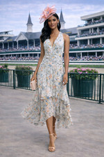 Ieena for Mac Duggal 55826 Floral Chiffon Dress Size 10 Blue Ruched Tiered Midi