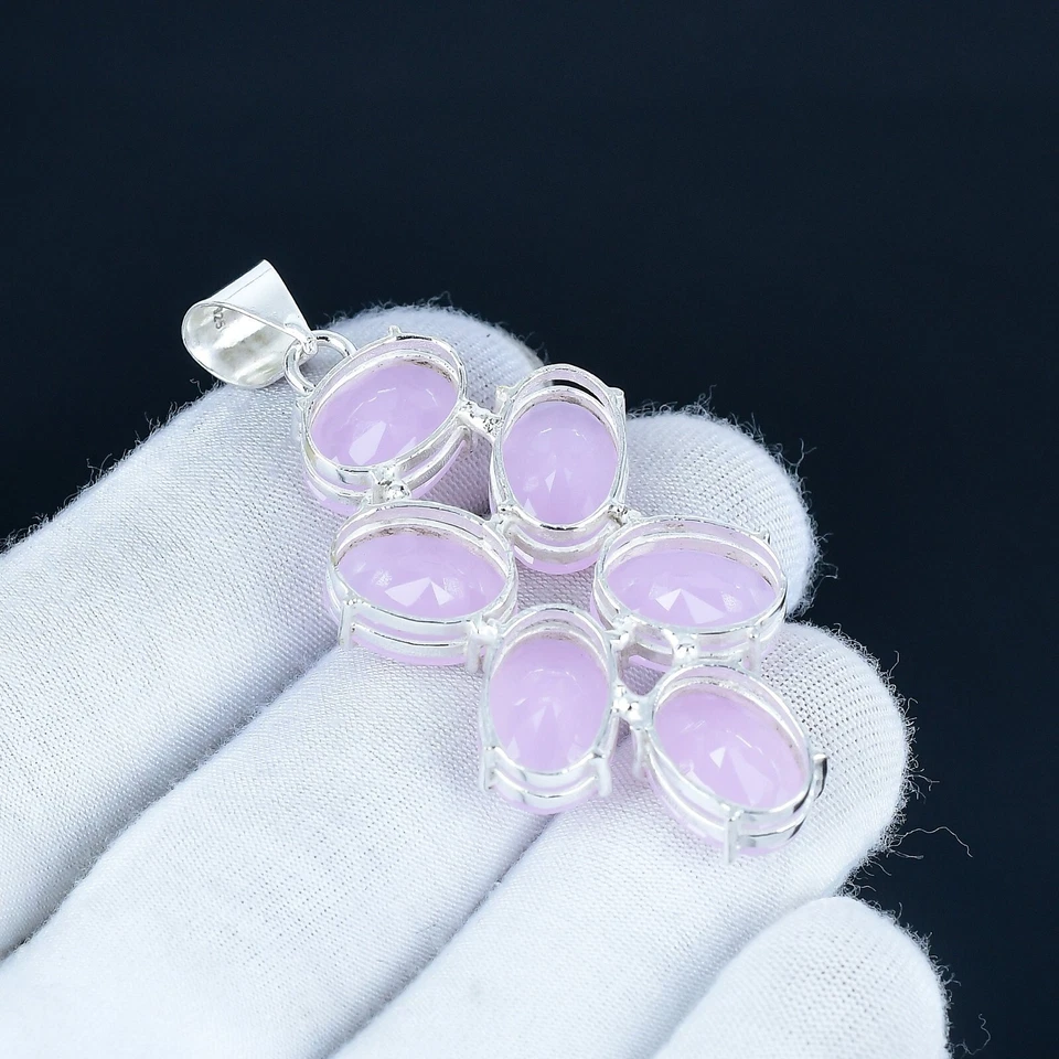 Rosa Calcedonio Lab-Made Gemma Fatto a Mano 925 Argento Sterling Etnico Ciondolo - Immagine 4 di 4