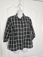 Talbots Irish Linen Blend Black White Windowpane Plaid Button Blouse Sz Medium 