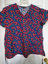 Cassandra O Scrub Top Size L-VIBRANT Navy/Red "SWEET CHERRY"-Chest 23"/L 26"