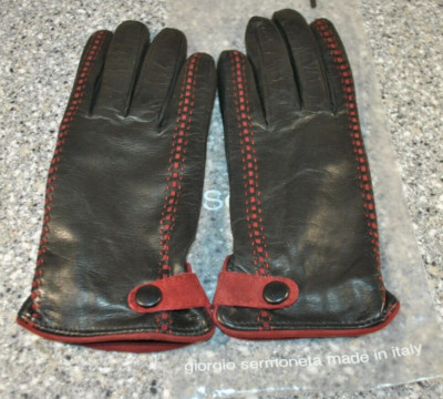 NWOT Sermoneta Black Leather Wrist Gloves, Cashmere Lining, Red Stitching Sz 7