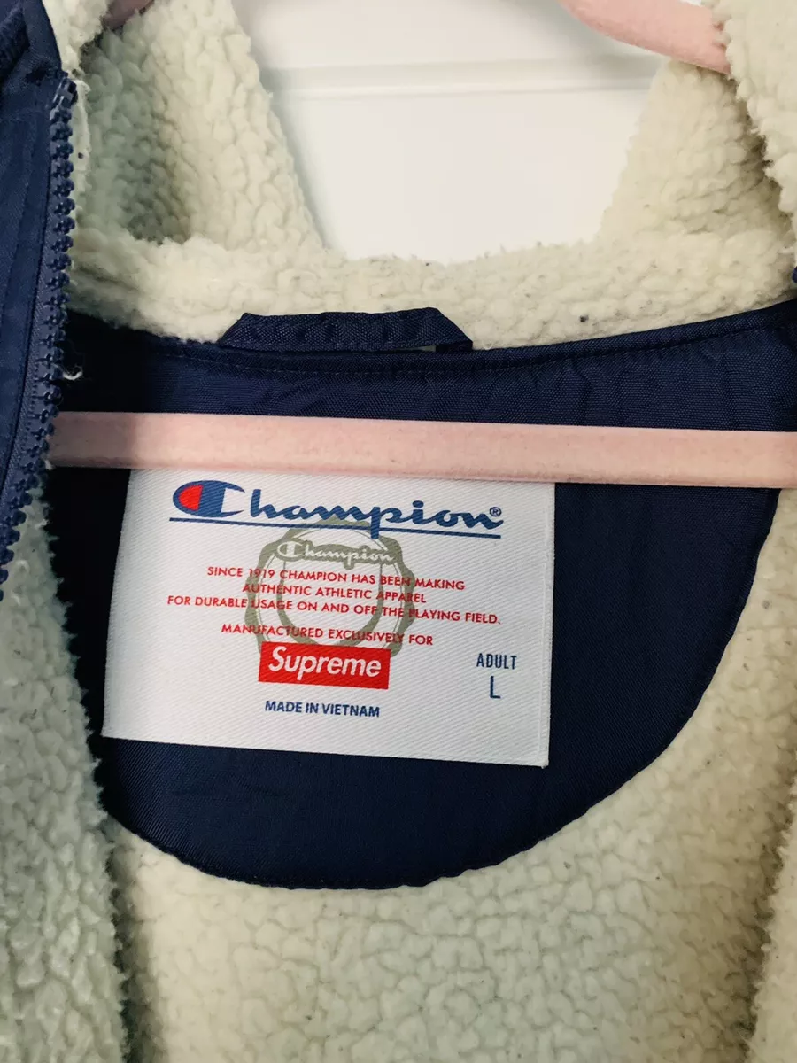 Supreme x Champion Sherpa Lined Hooded Navy Jacket Large