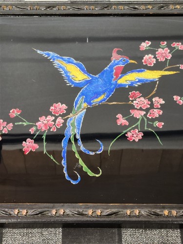 Antique Folk Art Fine Tinsel Reverse Foil of Bird on Cherry Blossom Branch Tray - Picture 3 of 24