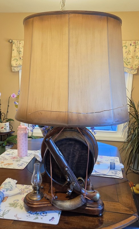 Nightwatch Lamp Co. Rare Pistol And Barrel Lamp With Powder Horn.